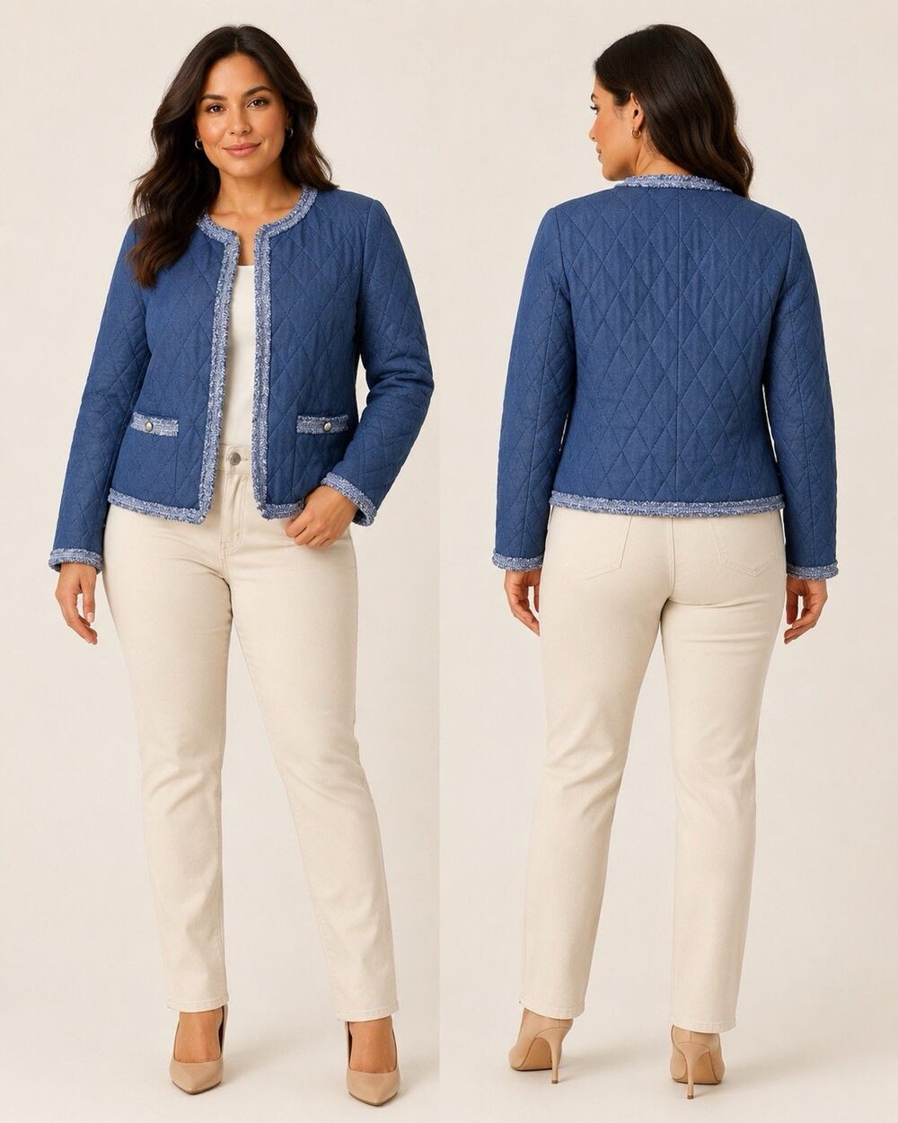 Talbots Size 6 Quilted Denim Lady Jacket Blue Tweed Trim Cotton Blend Preppy